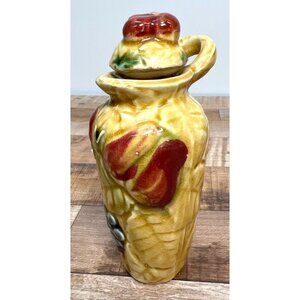 Vintage Hand-Painted Ceramic Oil And Vingar keeper With Handle & Lid Yellow/Red